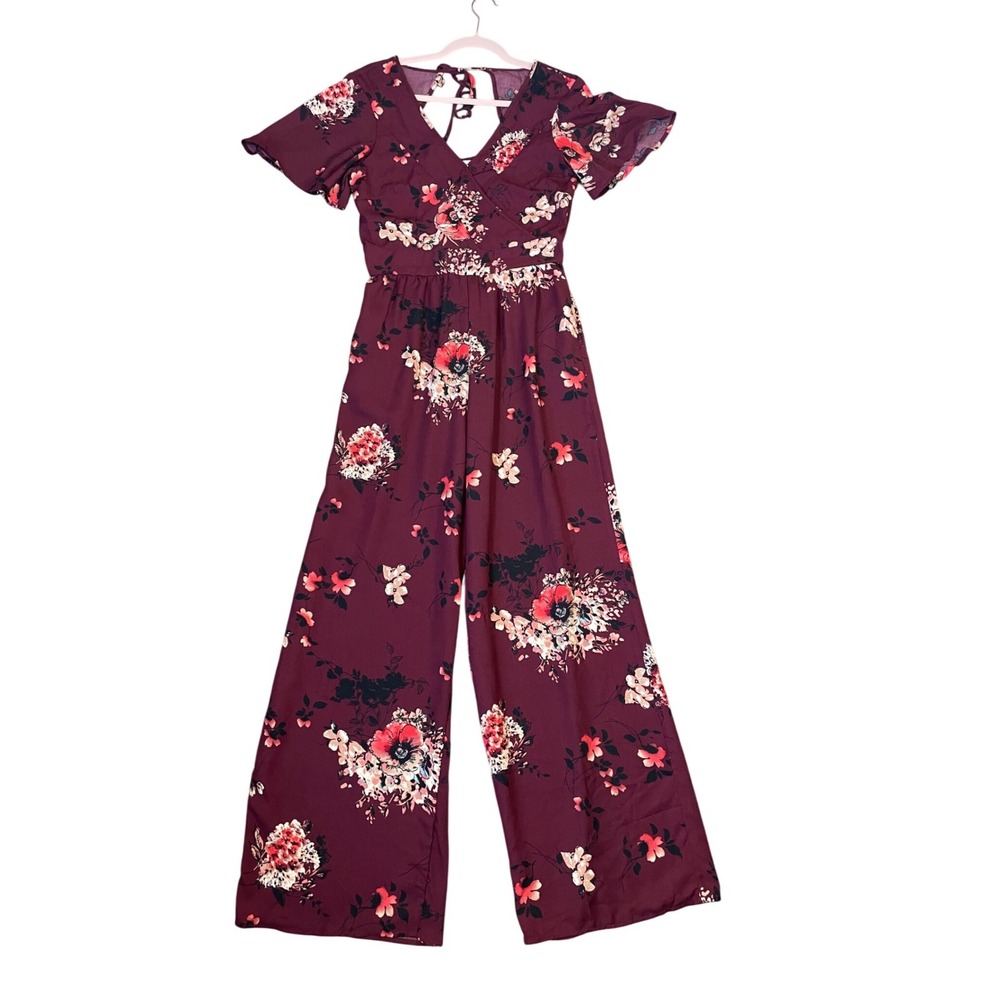Band of Gypsies Burgundy Floral Wide Leg Jumpsuit Flutter Sleeve Small